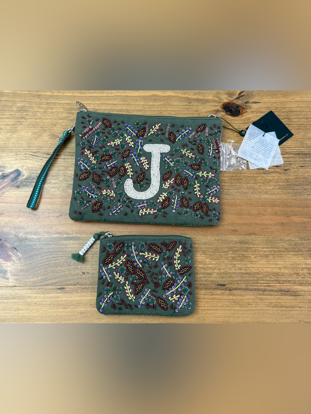 NWT Anthropologie America & Beyond ‘J’ Beaded Initial Pouch and Coin Purse Set